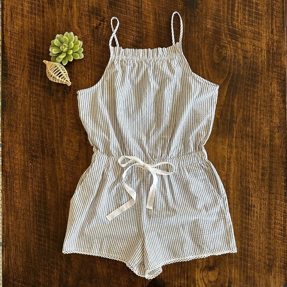 LOFT Beach | Seersucker Romper with Drawstring Waist, NWT - Picture 1 of 12